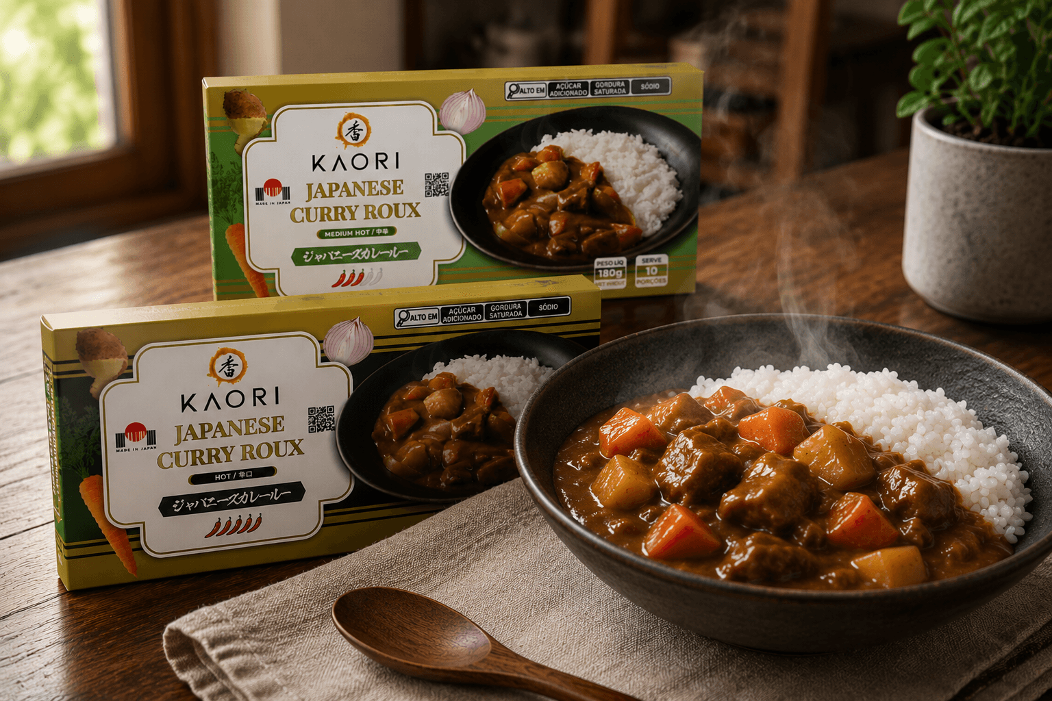 Caixas de Kaori Japanese Curry Roux ao lado de uma tigela de curry japonês quente com arroz